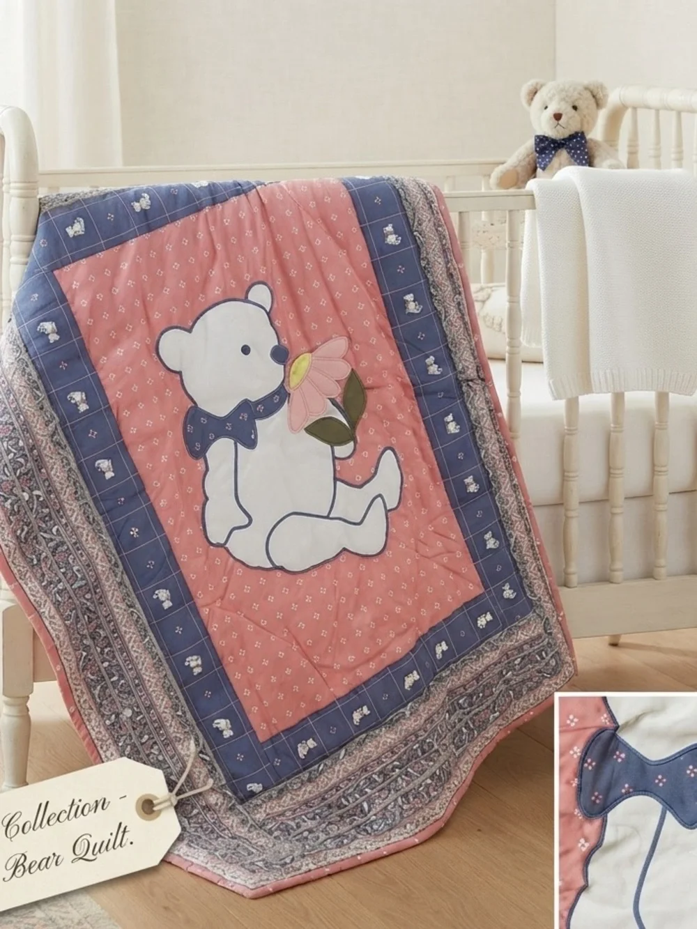 Vintage Ellen Miklas Bear Childrens Baby Quilt Lap Throw Applique 37x46